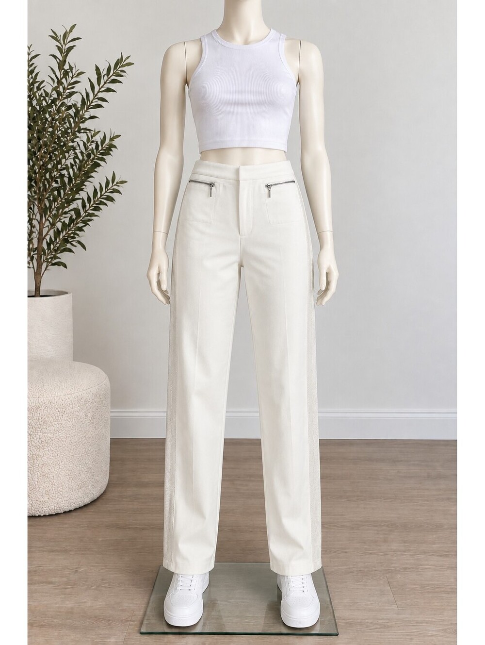 Rebecca Taylor Ivory Tuxedo Stripe Slim Pants Zip Pockets